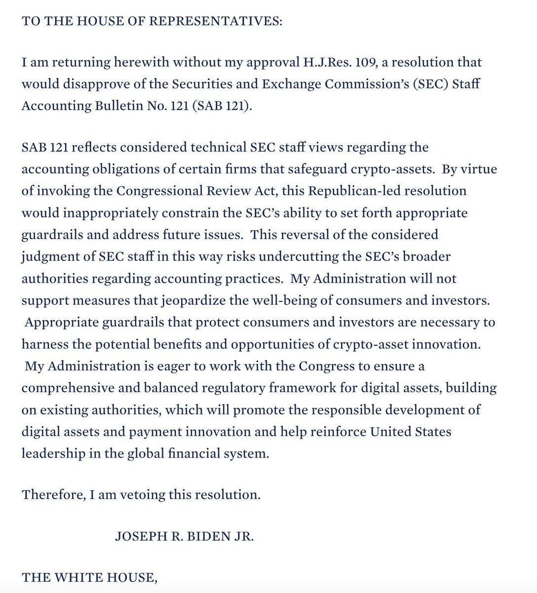 Biden legt Veto gegen Aufhebung der SEC-Krypto-Richtlinien ein