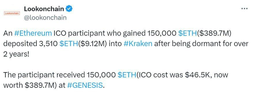 Ethereum ICO-Teilnehmer überweist nach zwei Jahren 3.510 ETH im Wert von 9 Millionen US-Dollar an Kraken